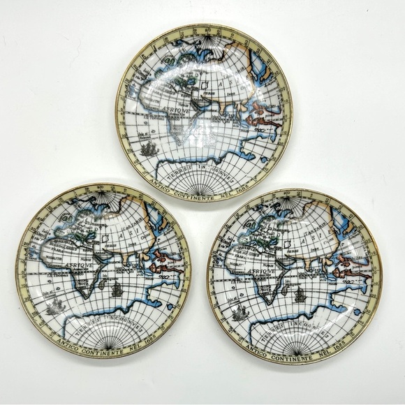 Set of 3 Vintage Antico Continente Nel 1683 Mini Map of World 4" Plates Coasters - Picture 1 of 5